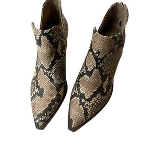 Vince Camuto Beige and Black Snake Print Ankle Booties